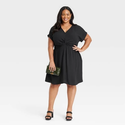 Women's Short Sleeve Twist-Front V-Neck Woven Sundress Dress - Ava & Viv™ 2 Women's Short Sleeve Twist-Front V-Neck Woven Sundress Dress - Ava & Viv™ - Image 2