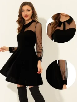 Allegra K Women's Sheer Mesh Panel Long Sleeve Fit And Flare Mini A-Line Dresses