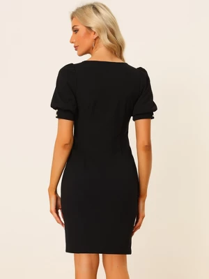 Allegra K Women's Button Decor Short Sleeve Work Office Bodycon Dress 2 Allegra K Women's Button Decor Short Sleeve Work Office Bodycon Dress - Image 2