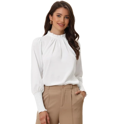 Allegra K Women's Long Sleeve Mock Neck Pleated Solid Chiffon Work Shirt 5 Allegra K Women's Long Sleeve Mock Neck Pleated Solid Chiffon Work Shirt - Image 5