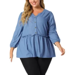 Agnes Orinda Women's Plus Size Peplum Top Pullover Puff Sleeve High Waist Chambray Blouse -CUPSHE Store GUEST 05ac536e 7577 4403 9711 f0b6d620950a