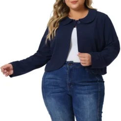 Agnes Orinda Women's Plus Size Business Office Long Sleeve Peter Pan Crop Cardigans