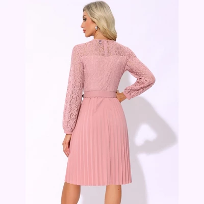 INSPIRE CHIC Women's Pleated Casual Long Sleeves Belted Wedding Guest Floral Lace Dress 3 INSPIRE CHIC Women's Pleated Casual Long Sleeves Belted Wedding Guest Floral Lace Dress - Image 3