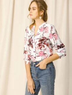 Allegra K Women's Floral Loose Tops V Neck Long Sleeve Button-Up Blouse