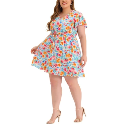 Agnes Orinda Women's Plus Dresses Floral Drawstring Waist V Neck Dress 7 Agnes Orinda Women's Plus Dresses Floral Drawstring Waist V Neck Dress - Image 7