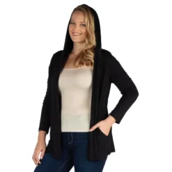 24seven Comfort Apparel Open Front Lightweight Hooded Plus Size Cardigan