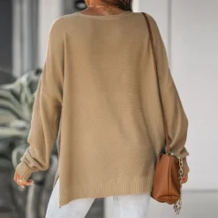 Women's V Neck Split Trim Oversized Sweater - Cupshe -Light Brown -CUPSHE Store GUEST 09fc9397 6151 47f7 aae9 a7e779c240df