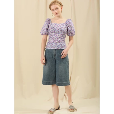 Allegra K Women's Puff Sleeve Square Neck Floral Print Blouse Top 2 Allegra K Women's Puff Sleeve Square Neck Floral Print Blouse Top - Image 2