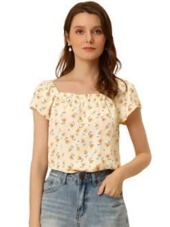 Allegra K Women's Square Neck Casual Cap Sleeve Floral Print Peasant Tops -CUPSHE Store GUEST 1700a2a0 5b77 494e 8d2e 568d84dbce99