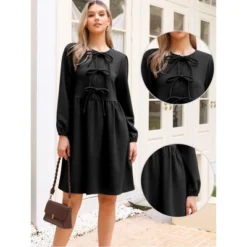INSPIRE CHIC Women's Casual Long Sleeve Self Tie Bow Cute Tunic Fall Babydoll Dress