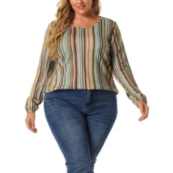 Agnes Orinda Women's Plus Size Colorful Elastic Cuff Long Sleeve Stripe Top