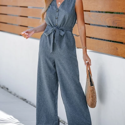 Women's Belted V-Neck Buttoned Jumpsuit - Cupshe 3 Women's Belted V-Neck Buttoned Jumpsuit - Cupshe - Image 3