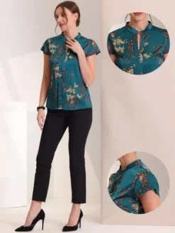 Allegra K Women's Satin Stand Collar Work Cap Sleeve Floral Blouse