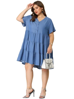 Agnes Orinda Women's Plus Size Babydoll Tiered V Neck Short Sleeve Chambray Dresses 2 Agnes Orinda Women's Plus Size Babydoll Tiered V Neck Short Sleeve Chambray Dresses - Image 2