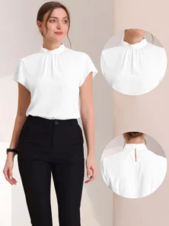 Allegra K Women's Mock Neck Pleated Elegant Office Solid Cap Sleeve Blouse