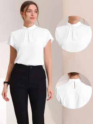 Allegra K Women's Mock Neck Pleated Elegant Office Solid Cap Sleeve Blouse 1 Allegra K Women's Mock Neck Pleated Elegant Office Solid Cap Sleeve Blouse