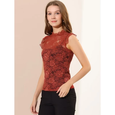Allegra K Women's Sleeveless Blouse See Through Ruffle Semi Sheer Floral Lace Top 3 Allegra K Women's Sleeveless Blouse See Through Ruffle Semi Sheer Floral Lace Top - Image 3