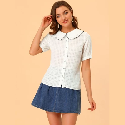 Allegra K Women's Peter Pan Collar Contrast Color Trim Gingham Button Up Shirt 2 Allegra K Women's Peter Pan Collar Contrast Color Trim Gingham Button Up Shirt - Image 2