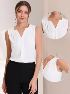 Allegra K Women's Elegant Chiffon V Neck Sleeveless Work Pleated Blouse