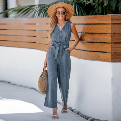 Women's Belted V-Neck Buttoned Jumpsuit - Cupshe 5 Women's Belted V-Neck Buttoned Jumpsuit - Cupshe - Image 5