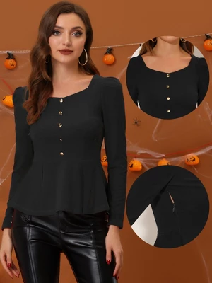 Allegra K Women's Square Neck Blouse Long Sleeve Knit Peplum Top 1 Allegra K Women's Square Neck Blouse Long Sleeve Knit Peplum Top