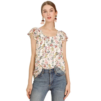 Allegra K Women's Chiffon Ruffle Sleeve Square Neck Floral Print Layered Blouse 6 Allegra K Women's Chiffon Ruffle Sleeve Square Neck Floral Print Layered Blouse - Image 6