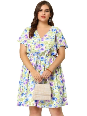 Agnes Orinda Women's Plus Dresses Floral Drawstring Waist V Neck Dress 2 Agnes Orinda Women's Plus Dresses Floral Drawstring Waist V Neck Dress - Image 2