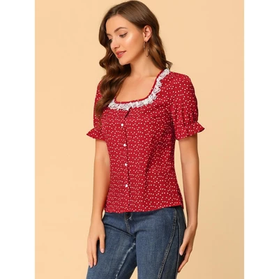 Allegra K Women's Square Neck Button Ruffle Sleeve Love Heart Printed Blouse Top 3 Allegra K Women's Square Neck Button Ruffle Sleeve Love Heart Printed Blouse Top - Image 3