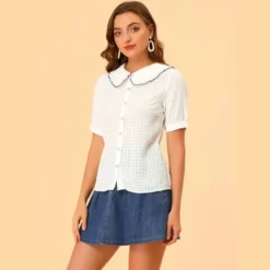 Allegra K Women's Peter Pan Collar Contrast Color Trim Gingham Button Up Shirt