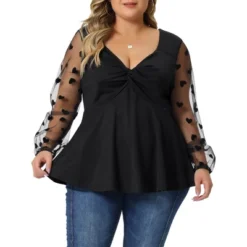 Agnes Orinda Women's Plus Size Heart Sheer Long Sleeve Mesh V Neck Peplum Blouse -CUPSHE Store GUEST 3b5a2659 9c54 454b b8a7 eaa794427e7f