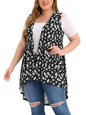Agnes Orinda Women's Plus Size High Low Hem Skull Print Sleeveless Cardigans 6 Agnes Orinda Women's Plus Size High Low Hem Skull Print Sleeveless Cardigans - Image 6