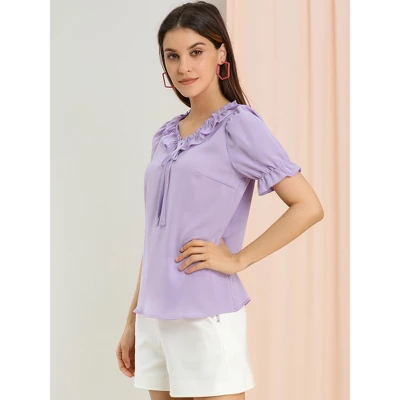 Allegra K Women's Tie V Neck Ruffle Neck Top Puff Sleeve Ruffle Cuff Casual Blouse 3 Allegra K Women's Tie V Neck Ruffle Neck Top Puff Sleeve Ruffle Cuff Casual Blouse - Image 3