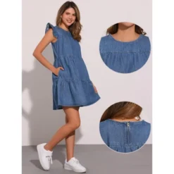 INSPIRE CHIC Women's Denim Ruffle Sleeve Crew Neck Mini Dresses