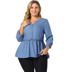 Agnes Orinda Women's Plus Size Peplum Top Pullover Puff Sleeve High Waist Chambray Blouse -CUPSHE Store GUEST 419546f9 6d7a 4f09 9255 9e69c85d4bf9