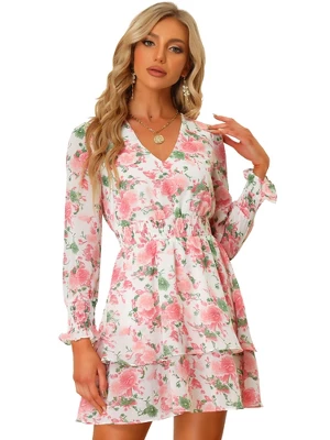 Allegra K Women's V Neck Smocked Waist Ruffle Hem Floral Chiffon Dresses 5 Allegra K Women's V Neck Smocked Waist Ruffle Hem Floral Chiffon Dresses - Image 5