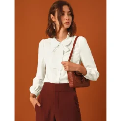 Allegra K Women's Peter Pan Collar Chiffon Bow Tie Neck Puff Sleeve Button Up Shirt