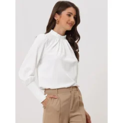 Allegra K Women's Long Sleeve Mock Neck Pleated Solid Chiffon Work Shirt