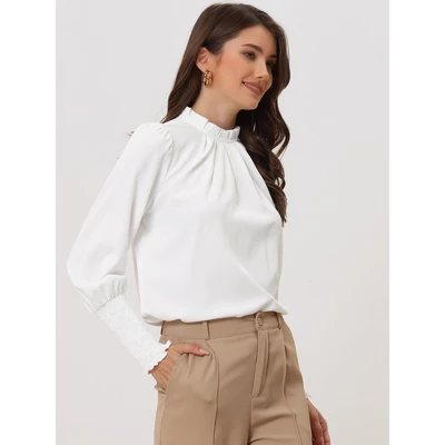 Allegra K Women's Long Sleeve Mock Neck Pleated Solid Chiffon Work Shirt 1 Allegra K Women's Long Sleeve Mock Neck Pleated Solid Chiffon Work Shirt