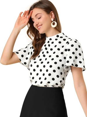 Allegra K Women's Polka Dots Stand Collar Pleat Keyhole Back Short Flare Sleeve Tops 7 Allegra K Women's Polka Dots Stand Collar Pleat Keyhole Back Short Flare Sleeve Tops - Image 7