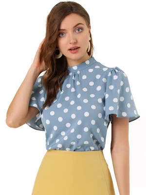 Allegra K Women's Polka Dots Stand Collar Pleat Keyhole Back Short Flare Sleeve Tops 6 Allegra K Women's Polka Dots Stand Collar Pleat Keyhole Back Short Flare Sleeve Tops - Image 6