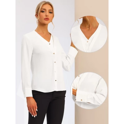 Allegra K Women's V Neck Classic Office Long Sleeves Button Down Shirts 1 Allegra K Women's V Neck Classic Office Long Sleeves Button Down Shirts