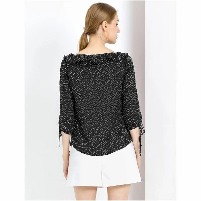 Allegra K Women's Vintage 3/4 Sleeve Boat Neck Ruffled Heart Dots Print Blouse 4 Allegra K Women's Vintage 3/4 Sleeve Boat Neck Ruffled Heart Dots Print Blouse - Image 4