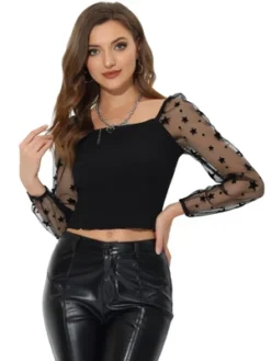 Allegra K Women's Square Neck Blouse Star Print Mesh Sheer Long Sleeve Textured Crop Top -CUPSHE Store GUEST 48d82446 a02c 4f2c 801f 9c725f3f3849