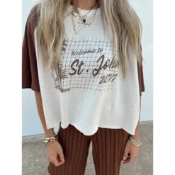 Women's Ascot + Hart Cropped St. John Elbow Sleeve Graphic T-Shirt - Brown -CUPSHE Store GUEST 49bafac2 1c08 45cb acf6 93ebb34a47b6