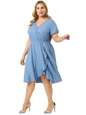 Agnes Orinda Women's Plus Size Faux Wrap Elastic Waist V Neck Chambray Ruffle Dress 3 Agnes Orinda Women's Plus Size Faux Wrap Elastic Waist V Neck Chambray Ruffle Dress - Image 3