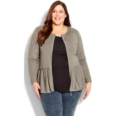 Women's Plus Size Zip Peplum Cardigan - Gray | AVENUE 4 Women's Plus Size Zip Peplum Cardigan - Gray | AVENUE - Image 4