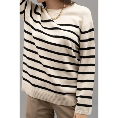 August Sky Women's Crew Neck Relaxed Fit Stripe Knit Sweater 3 August Sky Women's Crew Neck Relaxed Fit Stripe Knit Sweater - Image 3