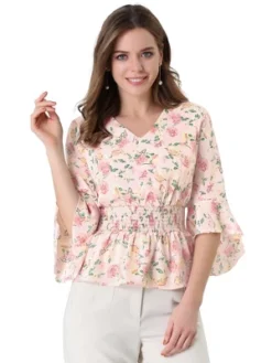 Allegra K Women's Chiffon Floral Blouse V-neck Flare Sleeve Spring Smock Waist Top -CUPSHE Store GUEST 4d3202b4 b212 4fd3 adee 5e497d44098f