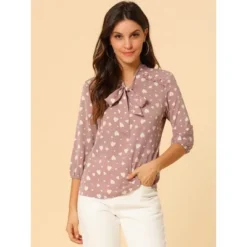 Allegra K Women's Printed Ruffle Shoulder Elastic Cuff Bow Tie Neck Blouse