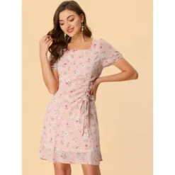 Allegra K Women's Floral Square Neck Short Sleeve Drawstring Ruched Dress